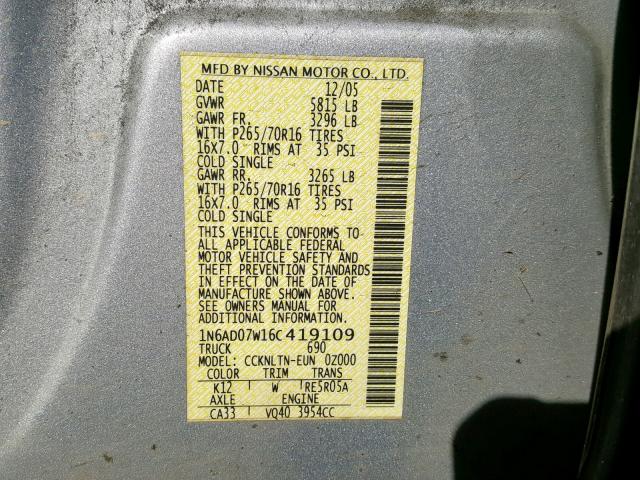 1N6AD07W16C419109 - 2006 NISSAN FRONTIER C SILVER photo 10