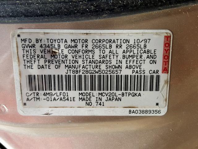 JT8BF28G2W5025657 - 1998 LEXUS ES 300 GOLD photo 10