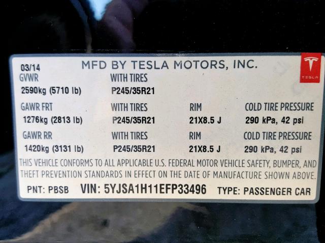 5YJSA1H11EFP33496 - 2014 TESLA MODEL S BLACK photo 10