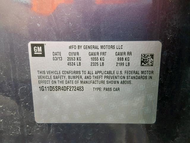 1G11D5SR4DF272483 - 2013 CHEVROLET MALIBU 1LT ლურჯი ფოტო 10