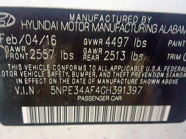 5NPE34AF4GH391397 - 2016 HYUNDAI SONATA SPO WHITE photo 10