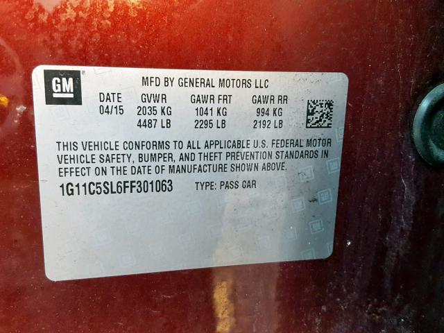 1G11C5SL6FF301063 - 2015 CHEVROLET MALIBU 1LT ბურგუნდია ფოტო 10