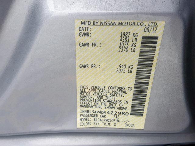 1N4BL3AP4DN422980 - 2013 NISSAN ALTIMA 3.5 SILVER photo 10