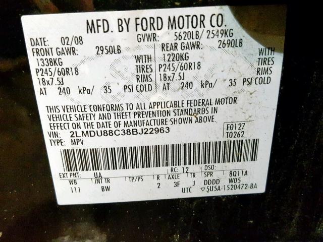 2LMDU88C38BJ22963 - 2008 LINCOLN MKX BLACK photo 10