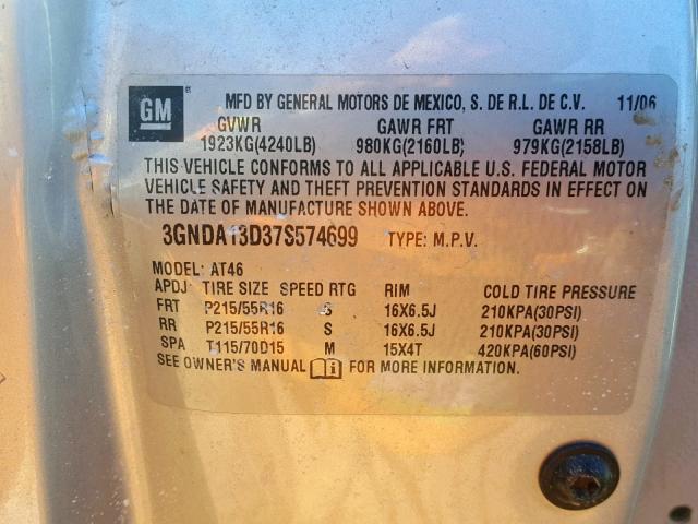 3GNDA13D37S574699 - 2007 CHEVROLET HHR LS Plata foto 10