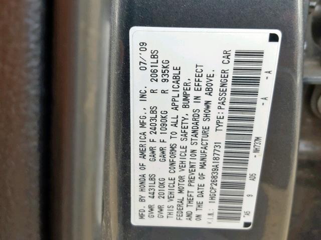 1HGCP26839A187731 - 2009 HONDA ACCORD EXL GRAY photo 10