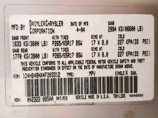 1D4HB48NX4F203312 - 2004 DODGE DURANGO SL GRAY photo 10