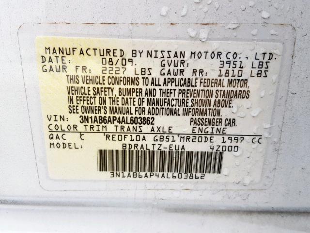 3N1AB6AP4AL603862 - 2010 NISSAN SENTRA 2.0 WHITE photo 10