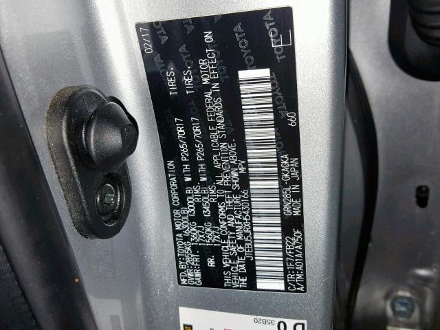 JTEBU5JRXH5430166 - 2017 TOYOTA 4RUNNER SR SILVER photo 10