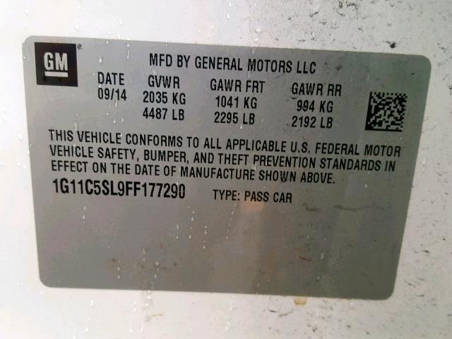 1G11C5SL9FF177290 - 2015 CHEVROLET MALIBU 1LT 白色 照片 10