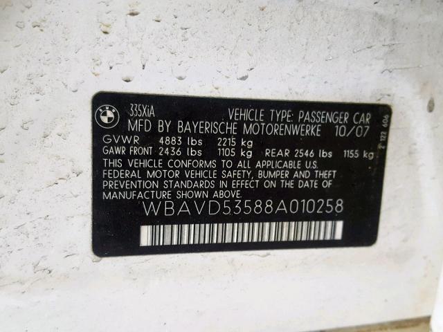 WBAVD53588A010258 - 2008 BMW 335 XI WHITE photo 10