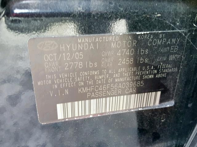 KMHFC46F56A039685 - 2006 HYUNDAI AZERA SE BLACK photo 10