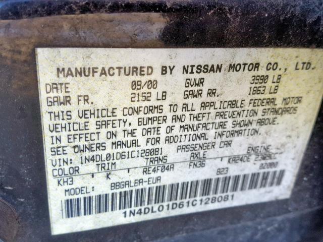 1N4DL01D61C128081 - 2001 NISSAN ALTIMA XE BLACK photo 10