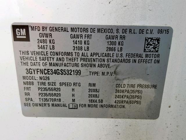 3GYFNCE34GS532199 - 2016 CADILLAC SRX PERFOR თეთრი ფოტო 10