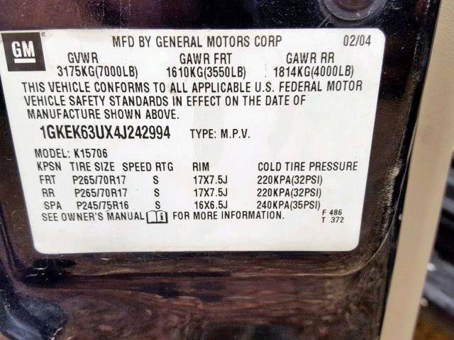 1GKEK63UX4J242994 - 2004 GMC YUKON DENA BLACK photo 10