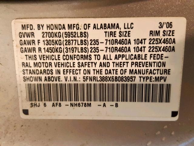 5FNRL388X6B083957 - 2006 HONDA ODYSSEY TO SILVER photo 10