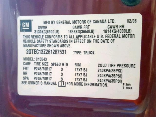 2GTEC13Z261287531 - 2006 GMC NEW SIERRA MAROON photo 10