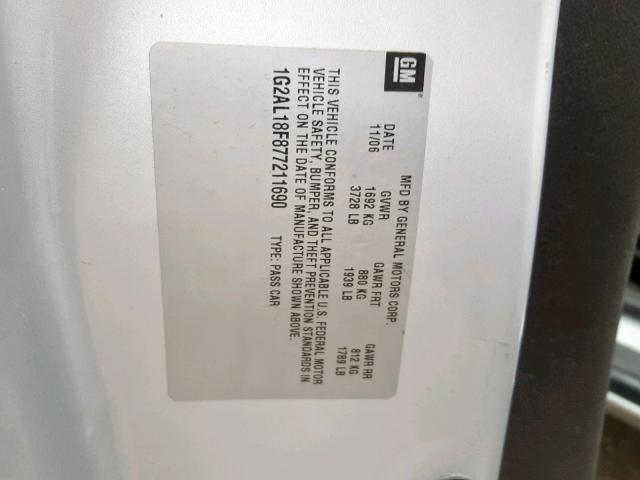 1G2AL18F877211690 - 2007 PONTIAC G5 SILVER photo 10