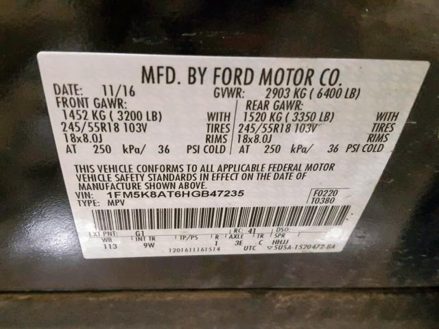 1FM5K8AT6HGB47235 - 2017 FORD EXPLORER P BLACK photo 10