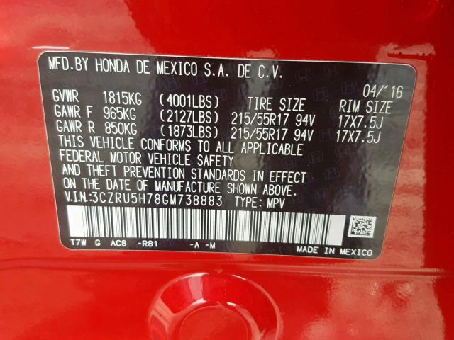 3CZRU5H78GM738883 - 2016 HONDA HR-V EXL RED photo 10