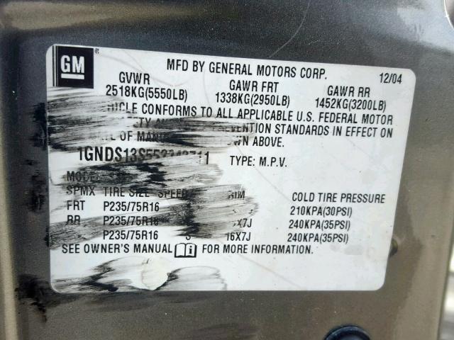 1GNDS13S552243711 - 2005 CHEVROLET TRAILBLAZE GRAY photo 10