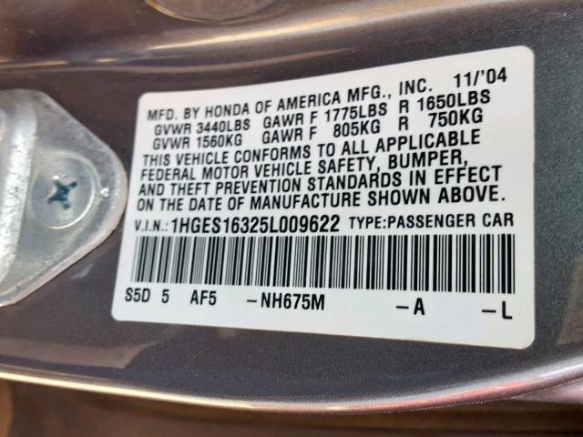 1HGES16325L009622 - 2005 HONDA CIVIC DX V GRAY photo 10