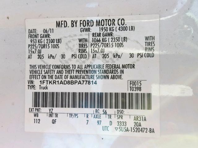 1FTKR1AD8BPA77814 - 2011 FORD RANGER WHITE photo 10