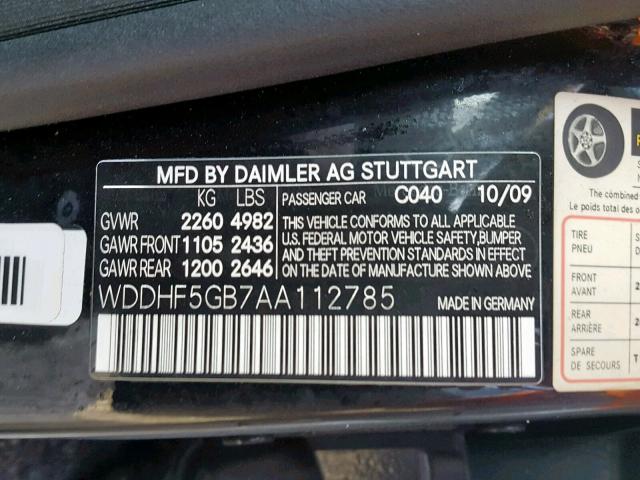 WDDHF5GB7AA112785 - 2010 MERCEDES-BENZ E 350 BLACK photo 10