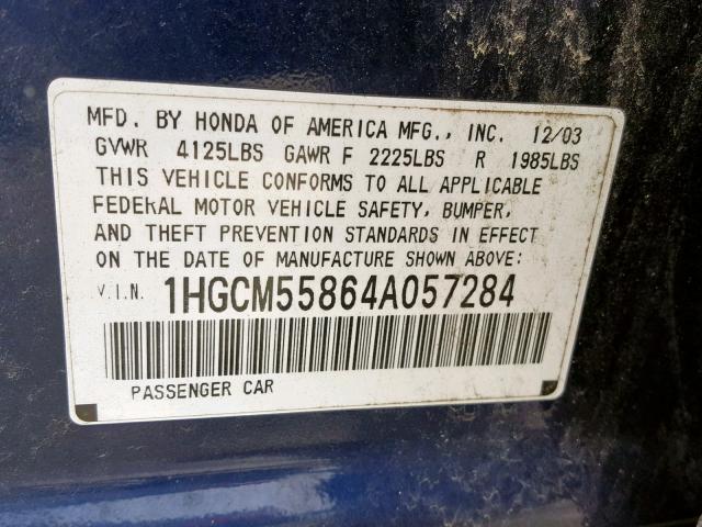 1HGCM55864A057284 - 2004 HONDA ACCORD BLUE photo 10