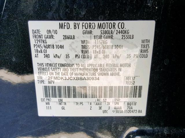 2FMDK3JCXBBA30934 - 2011 FORD EDGE SEL BLACK photo 10