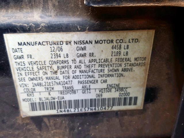 1N4BL21E57N410477 - 2007 NISSAN ALTIMA 3.5 BLACK photo 10