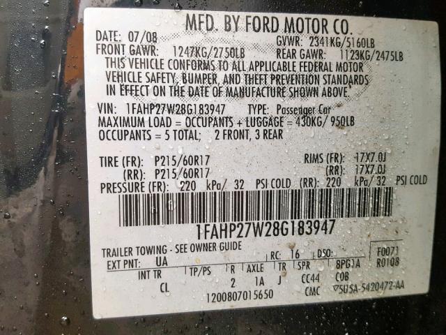 1FAHP27W28G183947 - 2008 FORD TAURUS SEL BLACK photo 10