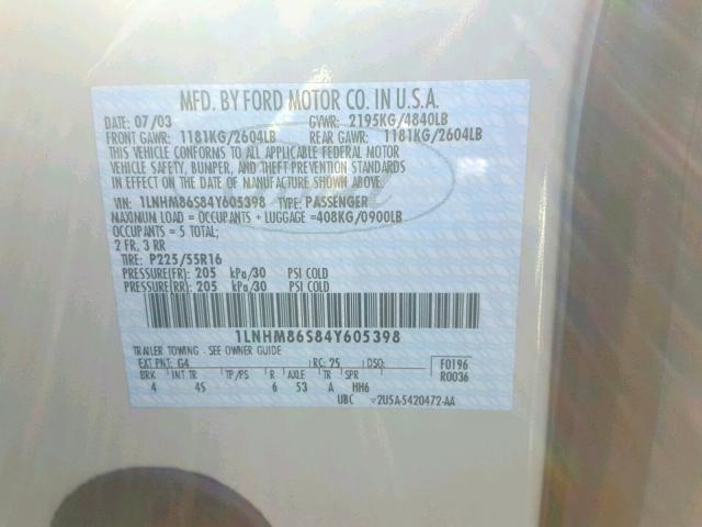 1LNHM86S84Y605398 - 2004 LINCOLN LS WHITE photo 10