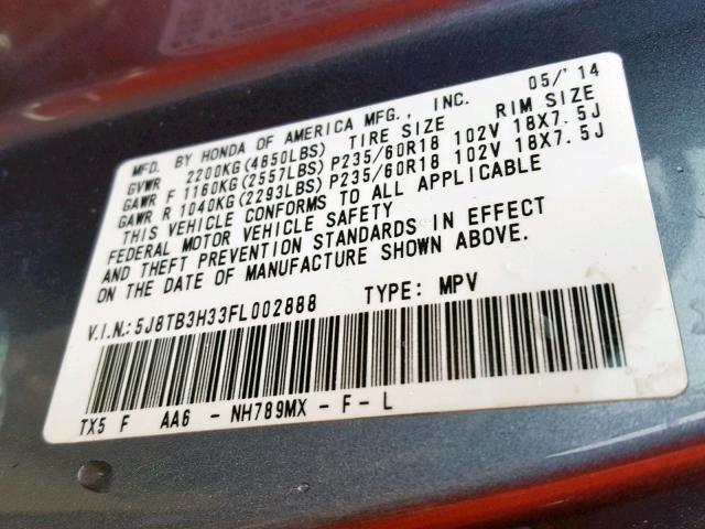 5J8TB3H33FL002888 - 2015 ACURA RDX BASE GRAY photo 10