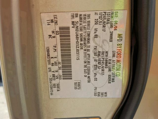 5LMEU68H05ZJ03115 - 2005 LINCOLN AVIATOR 金色 照片 10