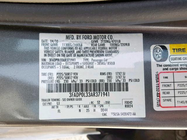 3FADP0L33AR371941 - 2010 FORD FUSION HYB CHARCOAL photo 10