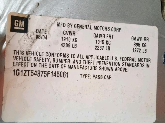 1G1ZT54875F145061 - 2005 CHEVROLET MALIBU LS SILVER photo 10