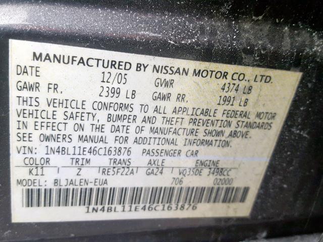 1N4BL11E46C163876 - 2006 NISSAN ALTIMA SE GRAY photo 10