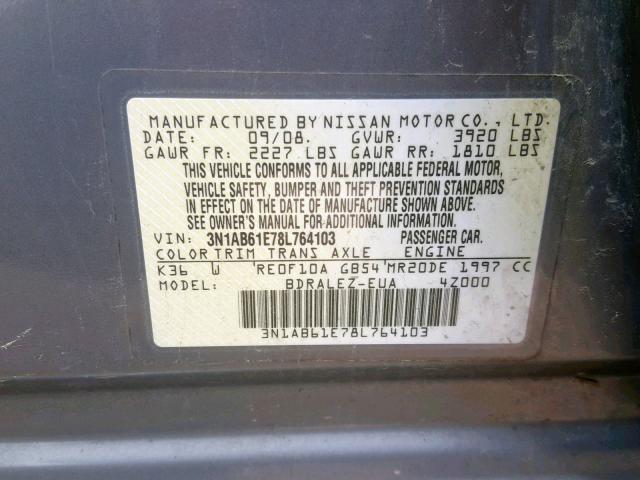 3N1AB61E78L764103 - 2008 NISSAN SENTRA 2.0 SILVER photo 10