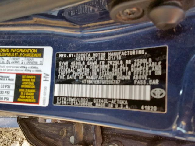 4T1BK1EB7GU206787 - 2016 TOYOTA AVALON XLE BLUE photo 10