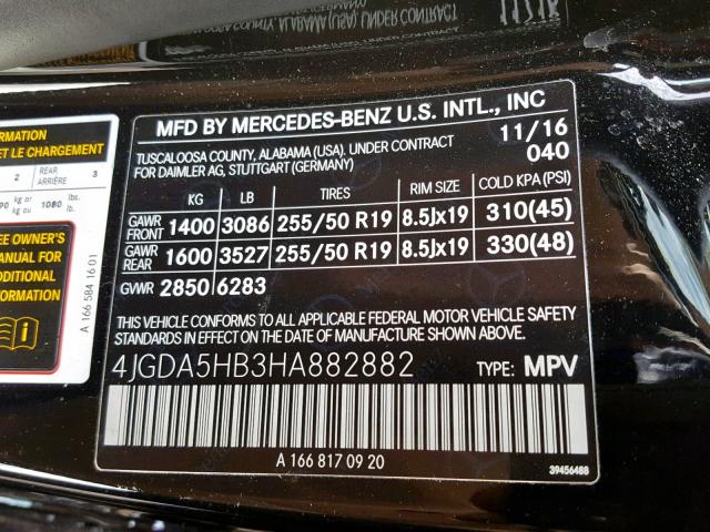 4JGDA5HB3HA882882 - 2017 MERCEDES-BENZ GLE 350 4M BLACK photo 10