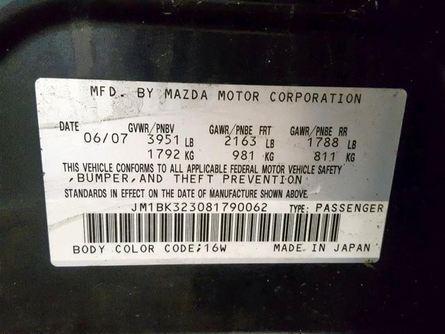 JM1BK323081790062 - 2008 MAZDA 3 S BLACK photo 10