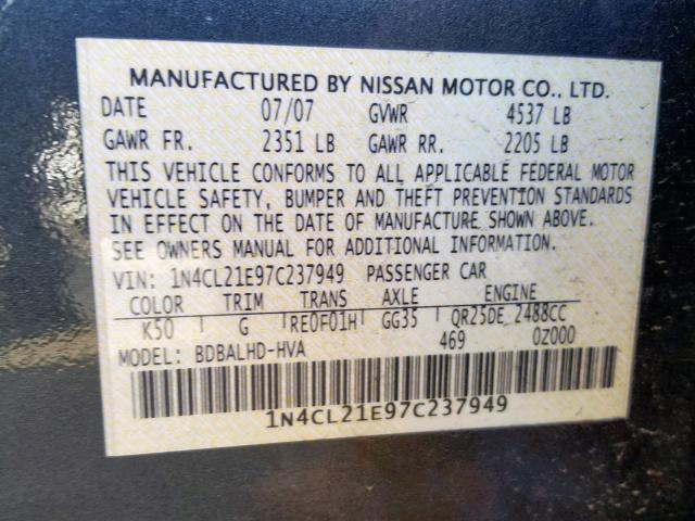 1N4CL21E97C237949 - 2007 NISSAN ALTIMA HYB GRAY photo 10