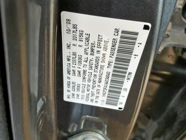 1HGCP2F41AA034640 - 2010 HONDA ACCORD LXP GRAY photo 10