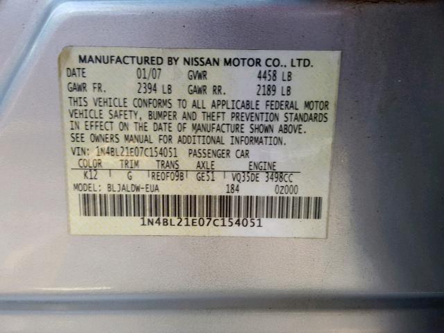 1N4BL21E07C154051 - 2007 NISSAN ALTIMA 3.5 SILVER photo 10