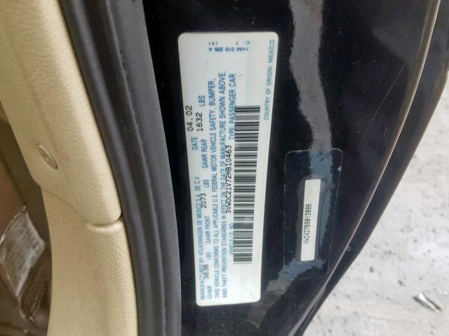 3VWDC21V72M810463 - 2002 VOLKSWAGEN CABRIO GLX შავი ფოტო 10