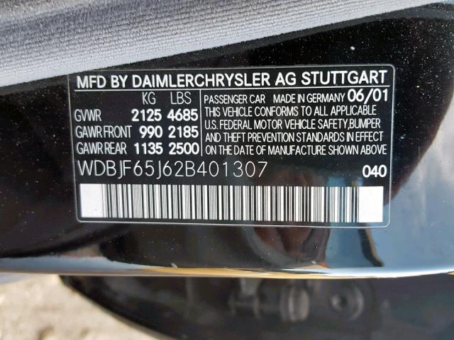 WDBJF65J62B401307 - 2002 MERCEDES-BENZ E 320 BLACK photo 10