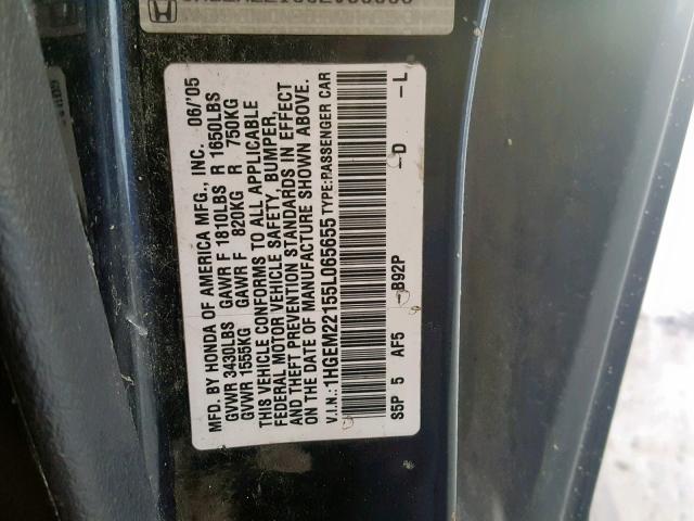 1HGEM22155L065655 - 2005 HONDA CIVIC DX V BLACK photo 10