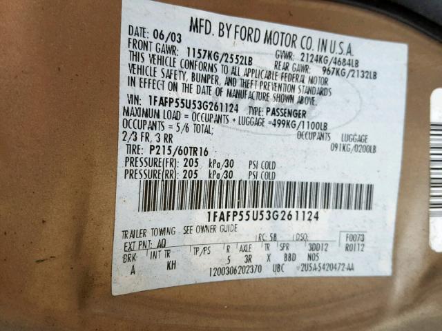 1FAFP55U53G261124 - 2003 FORD TAURUS SES TAN photo 10