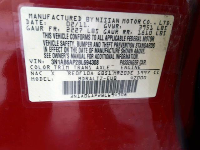 3N1AB6AP2BL694308 - 2011 NISSAN SENTRA 2.0 RED photo 10